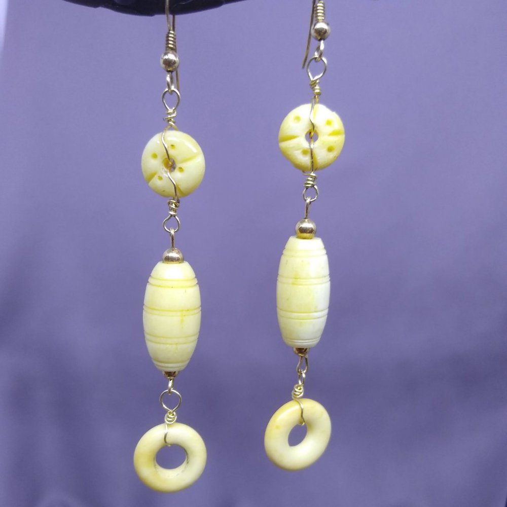 Earrings Genuine Carved Bone Beads Wire wrapped 14k Gold Filled Handmade - 3 ½"
